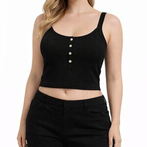 Aerie Ribbed Button Up Sleeveless Scoop Neck Black Women's Size Small Crop Top